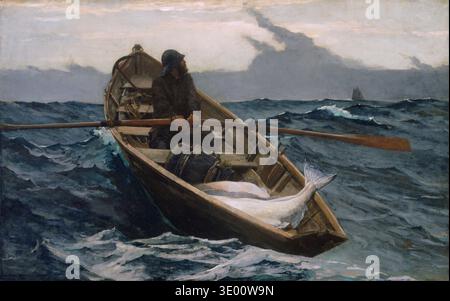 La peinture à l'huile emblématique de Winslow Homer, « The Fog Warning » de 1885, représente un pêcheur isolé dans un dory, ayant attrapé un grand flétan, soudainement alerté de l'approche d'un banc de brouillard et d'un navire lointain. Ce chef-d'œuvre du réalisme américain capture l'essence dramatique de l'homme contre la puissance de la nature et les périls de la mer. Banque D'Images