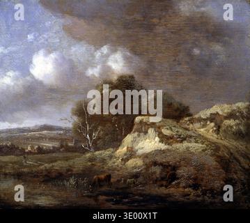 Cette peinture à l'huile du XVIIe siècle de Jan Wijnants, intitulée « paysage avec boisson de vache », représente une scène rurale sereine. Une vache boit dans un plan d'eau, accompagnée d'autres animaux d'élevage, sur fond de collines ondulantes et de nuages dramatiques. Banque D'Images