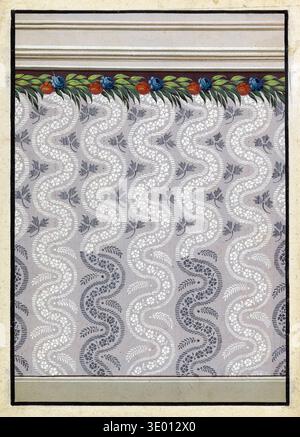 Cet élégant motif de papier peint, probablement de la fin du XIXe siècle ou du début du XXe siècle, présente une bordure florale décorative au sommet d'un motif ondulé de motifs clairs et sombres alternant. L'illustration peinte à la main présente des détails complexes et une esthétique raffinée adaptée à la décoration intérieure. Banque D'Images