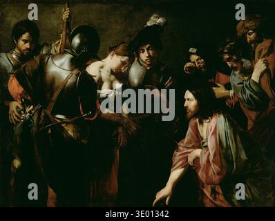 Cette peinture à l'huile des années 1620 de Valentin de Boulogne représente la scène biblique du Christ et de l'Adulteress. L'éclairage dramatique chiaroscuro, caractéristique du style Caravaggisti, met en évidence les figures centrales et leurs émotions intenses alors que Jésus s'adresse à la foule. Banque D'Images