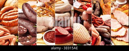 Un collage appétissant présentant un assortiment varié de viandes salées et cuites, y compris divers types de saucisses, de jambon tranché et de DEL traditionnelles Banque D'Images