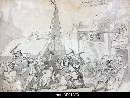 Cette caricature politique d'environ 1792, intitulée « The test », de l'artiste Thomas Rowlandson, représente une scène chaotique d'une foule attaquant une structure qui semble être une église ou un bâtiment public. Le dessin utilise de la plume et de l'encre avec des aquarelles pour capturer l'énergie frénétique de la foule et leurs actions destructrices, faisant peut-être allusion aux débats autour des tests politiques ou religieux en Angleterre à la fin du XVIIIe siècle. Banque D'Images