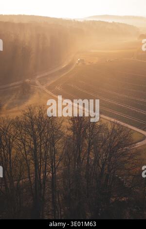 Vue aérienne d'un chemin sinueux à travers les champs dans la lumière paisible du matin, Gechingen, district de Calw, Allemagne Banque D'Images