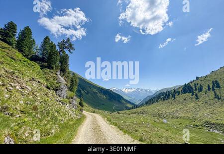 Un sentier de montagne pittoresque serpente à travers des collines verdoyantes à Königsleiten Autriche sous un ciel bleu avec des nuages pendant la saison estivale. Cette image capture t Banque D'Images