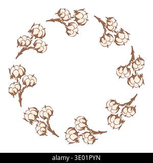 Couronne avec branche de coton dessinée à la main disposée en cercle. Fond d'illustration de style plat pour la conception textile, l'emballage organique et la marque rustique. Illustration de Vecteur