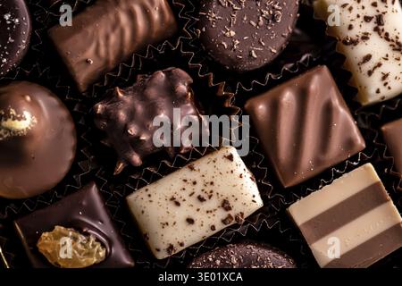 Chocolats suisses en coffret cadeau, diverses pralines de luxe à base de chocolat bio noir et au lait en chocolaterie en Suisse, dessert sucré comme ho Banque D'Images