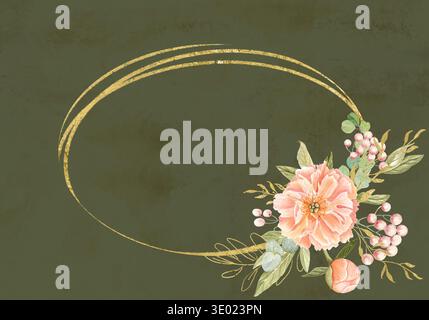 Pivoines de pêche élégantes, verdure délicate, subtils accents or cadre floral aquarelle isolé sur vert. Peint à la main parfait pour les invitations de mariage Banque D'Images