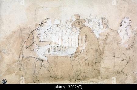 Ce croquis du XVIIIe siècle ou du début du XIXe siècle de Thomas Rowlandson représente une scène animée d'hommes jouant aux échecs et regardant autour d'une table. Le style satirique et énergique caractéristique de Rowlandson est évident dans les postures et expressions dynamiques, capturant un moment d'engagement social à l'époque géorgienne. Banque D'Images