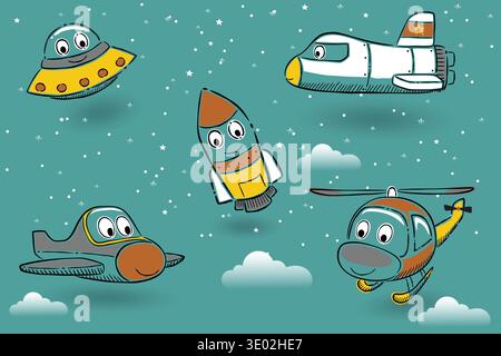 Avion de dessin animé diversifié avec des visages amicaux dans le ciel étoilé de nuit. Illustration de Vecteur