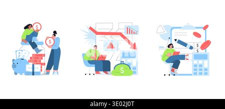 Ensemble d'illustrations vectorielles illustrant divers scénarios financiers. Les gens interagissent avec des icônes monétaires, connaissent des fluctuations économiques et travaillent sur la planification financière. Les émotions varient de l'excitation à l'inquiétude. Illustration de Vecteur