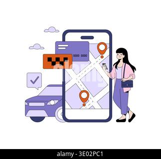 Illustration vectorielle d'une femme tenant un smartphone avec une application de taxi ouverte. L'interface de l'application affiche une carte avec des icônes de voiture et d'emplacement. Une voiture et une icône de confirmation sont incluses. Illustration de Vecteur