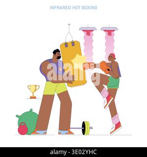 Illustration vectorielle de deux personnes engagées dans la boxe chaude infrarouge. Une personne soutient un sac de frappe tandis que l'autre pratique le frappe et les coups de pied. Comprend trophées et équipement de gymnastique. Illustration de Vecteur
