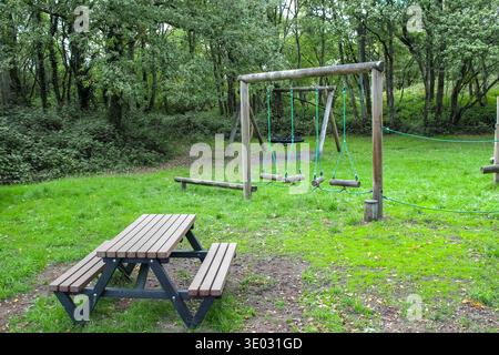 Un espace de loisirs extérieur serein avec une table de pique-nique en bois sur l'herbe verte. En arrière-plan, un terrain de jeu inspiré de la nature avec des balançoires en rondins. Banque D'Images