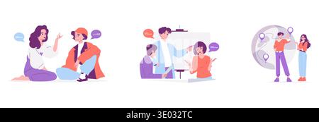 Illustration vectorielle représentant trois scènes d'interaction sociale et de collaboration. Les individus sont engagés dans la conversation, la présentation et le réseautage mondial, représentant les concepts de communication et de travail d'équipe. Illustration de Vecteur