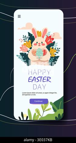 Lapin de Pâques tenant des oeufs décorés fleurs feuillage couleurs pastel modèle d'écran d'application mobile Illustration de Vecteur