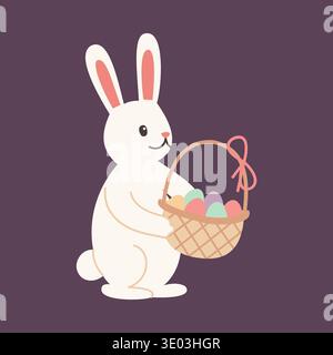 Vecteur de personnage lapin de Pâques plat de style dessin animé illustration de vacances lapin blanc avec panier à oeufs conception saisonnière de carte de voeux Illustration de Vecteur