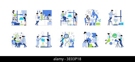 Les scientifiques travaillent ensemble pour mener des expériences dans un cadre de laboratoire. L'illustration vectorielle illustre les processus de collaboration et de recherche, mettant en évidence le travail d'équipe et l'interaction dans des environnements scientifiques. Illustration de Vecteur