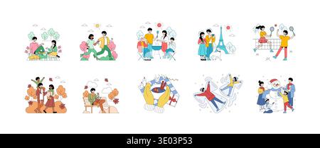Ensemble coloré d'illustrations vectorielles représentant la famille et les amis jouissant d'activités dans diverses saisons. Les scènes comprennent des pique-niques, des sports, de la cuisine et des jeux de neige, mettant en valeur la joie et la connexion. Illustration de Vecteur