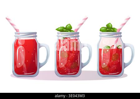 Un pot avec une boisson rafraîchissante à la fraise, de la menthe et une paille Illustration de Vecteur