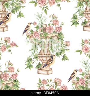 Aquarelle délicat motif sans couture avec des roses roses et des oiseaux sur la fontaine, arrangement de répétition de fleurs, conception textile Banque D'Images