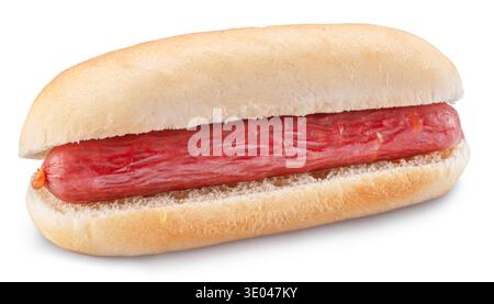 Сlassic Hot dog américain avec saucisse de chasseur fumée, servi dans un petit pain moelleux. Isolé sur fond blanc. Masque. Banque D'Images