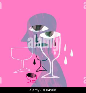 Illustration abstraite avec des lunettes et des yeux se chevauchant, sur fond rose. Symbolise l'émotion et l'expression humaines, avec d en forme de larme Banque D'Images