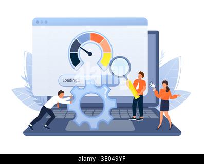 Équipe de travailleurs travaillant sur un ordinateur portable, analysant et optimisant la vitesse du site Web, le référencement et les performances de chargement en ligne Illustration de Vecteur