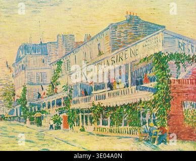 Peinture impressionniste du Restaurant de la Sirène à Asnières-sur-Seine, France, représentant une scène animée avec des gens et une verdure luxuriante Banque D'Images