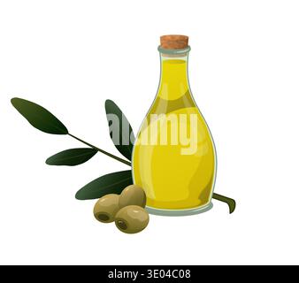 Bouteille classique en verre à l'huile d'olive, accompagnée d'olives vertes et d'une branche de feuilles, symbolisant la cuisine naturelle et méditerranéenne Illustration de Vecteur