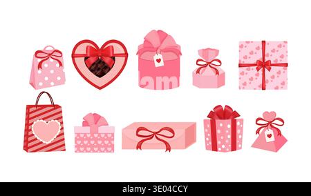 Assortiment de boîtes cadeaux roses et rouges, sacs à provisions et cadeaux en forme de cœur pour la Saint-Valentin, l'amour et les occasions romantiques Illustration de Vecteur