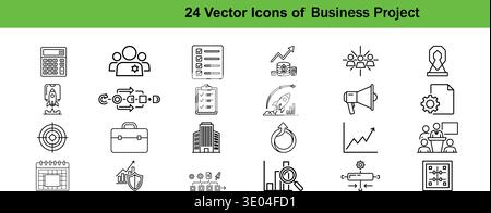 Une collection de 24 icônes vectorielles liées à des projets d'entreprise, y compris des symboles pour le travail d'équipe, la finance, la stratégie, et plus encore. Illustration de Vecteur