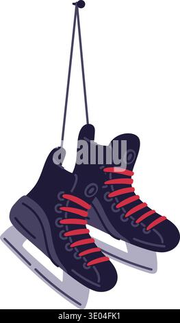 Des patins pour sports d'hiver tels que le patinage artistique ou le hockey sont accrochés au mur. Vêtements et articles de sport. Bottes de joueur avec des lames. Équipement champion Illustration de Vecteur