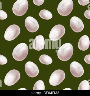 Motif aquarelle sans couture dessiné à la main avec des œufs de poule blancs organiques dispersés sur un fond vert. Texture répétée de haute qualité pour Pâques Banque D'Images