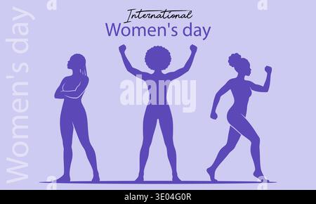 Motif violet représentant trois silhouettes féminines variées dans des poses fortes. Le design célèbre la Journée internationale de la femme avec une esthétique stimulante Illustration de Vecteur