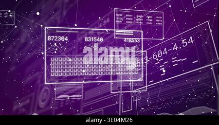 Affichage du clavier central translucide avec panneaux HUD superposés dans l'espace de données violet, graphiques Banque D'Images