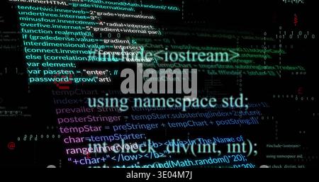 Lignes de code C++ lumineuses occupant le centre de l'écran, montrant les chiffres binaires et les surlignages de syntaxe Banque D'Images