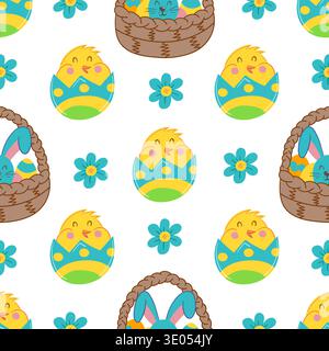 Motif de Pâques sans couture avec des œufs décorés, des lapins mignons, des paniers et des fleurs. Illustration vectorielle parfaite pour le papier d'emballage, textile Illustration de Vecteur