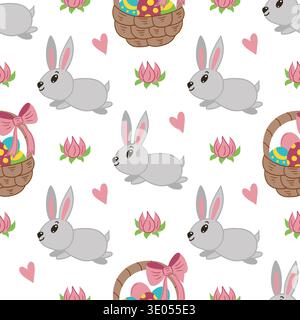 Motif de Pâques sans couture avec des lapins mignons, des œufs décorés, des paniers et des fleurs. Illustration vectorielle parfaite pour l'emballage Illustration de Vecteur