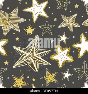 Un motif sans couture avec diverses étoiles stylisées en or, blanc et gris sur un fond sombre. Idéal pour les créations de vacances ou de célébration. Illustration de Vecteur