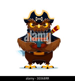 Personnage vecteur d'oiseau pirate brun hibou de dessin animé avec des yeux jaunes portant un chapeau de tricorne noir. Corsaire hibou tient un coffre au trésor en bois verrouillé et a une épée attachée à son dos. Mascotte de dessin animé Illustration de Vecteur