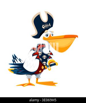 Personnage vectoriel de capitaine d'animal pirate d'oiseau pélican de bande dessinée avec un grand bec jaune, des plumes blanches et des ailes bleu marine pourvues d'or. Marin, marin corsaire isolé personnage de boucaneer à plumes Illustration de Vecteur