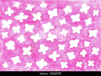 Ensemble dessiné à la main sans couture avec des silhouettes de fleurs blanches sur fond de crayon rose fuchsia. Fleurs de différentes tailles, forme simple avec quatre pétales. Floraison printanière. Conception pour tissu, papier peint, cartes. Banque D'Images