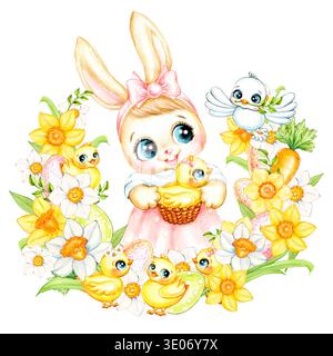 Aquarelle cadre rond de Pâques avec fille lapin de Pâques, poulets jaunes, oeufs de Pâques, pigeon, carottes, jonquilles jaunes et blanches et verdure. Fait à la main Banque D'Images