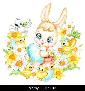 Aquarelle cadre rond de Pâques avec garçon lapin de Pâques, poulets jaunes, oeufs de Pâques, pigeon, carottes, jonquilles jaunes et blanches et verdure. Fait à la main Banque D'Images