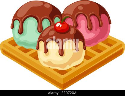 Cuillères à crème glacée sur illustration de dessert de gaufres Illustration de Vecteur