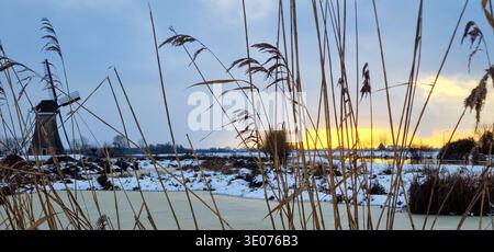 Paysage hivernal serein avec un moulin à vent traditionnel au coucher du soleil, des marais gelés et de grands roseaux secs au premier plan Banque D'Images