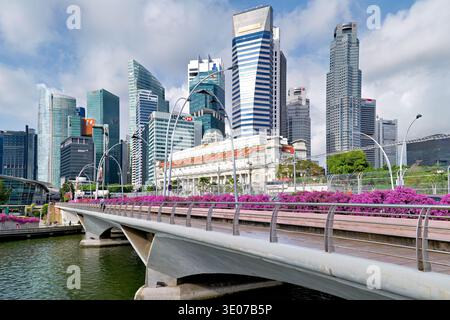 Les gens marchent près d'un pont dans le quartier financier de Singapour. Les grands bâtiments et le ciel dégagé sont vus en arrière-plan. Banque D'Images