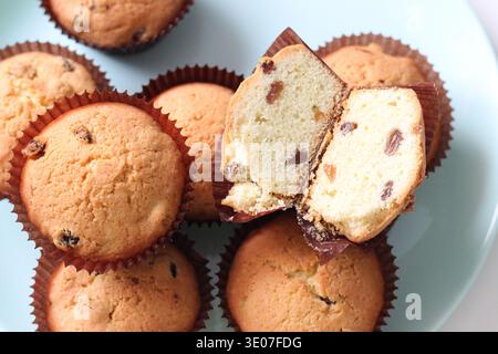 Muffins faits maison avec des raisins secs sur une assiette pastel avec un muffin tranché montrant de la miette humide et des morceaux de fruits secs, pâtisserie sucrée fraîchement cuite au four Banque D'Images