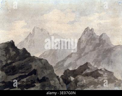 Ce dessin du XVIIIe siècle intitulé « Mountain Tops, A Mountain Study » d'Alexander Cozens, qui date des années 1760, capture magistralement les contours spectaculaires d'un paysage montagneux. La palette monochromatique et la manipulation atmosphérique des lavages transmettent un sentiment de grandeur sublime et d'exploration artistique des formes de la nature. Banque D'Images