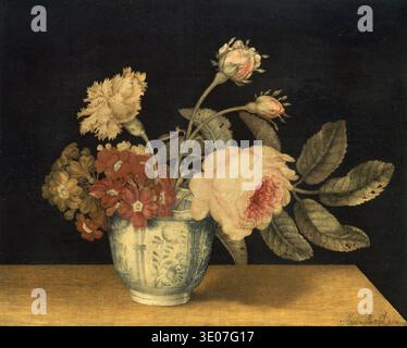 Cette peinture à l'huile exquise, « fleurs dans un pot de Delft », attribuée à Alexander Marshal, capture une nature morte vibrante mais délicate. À partir du XVIIe siècle, deux roses roses roses éminentes, des fleurs rouges et jaunes assorties et des bourgeons sont élégamment disposés dans un pot de poterie Delftware traditionnel, sur un fond sombre et dramatique. L'œuvre met en valeur l'attention méticuleuse de Marshal aux détails botaniques et l'utilisation habile de la couleur et de la lumière. Banque D'Images
